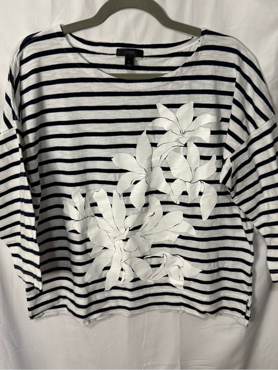 J. Crew Tops - J. Crew Black & White Striped Long-Sleeve Tee with White Floral Appliqué